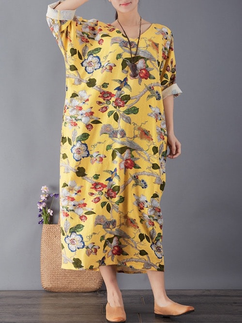 желтое платье-туника с цветочным принтом