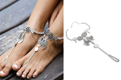 серебряный браслет на щиколотку ноги с кольцом на пальце