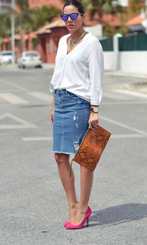 джинсовая юбка карандаш с блузой